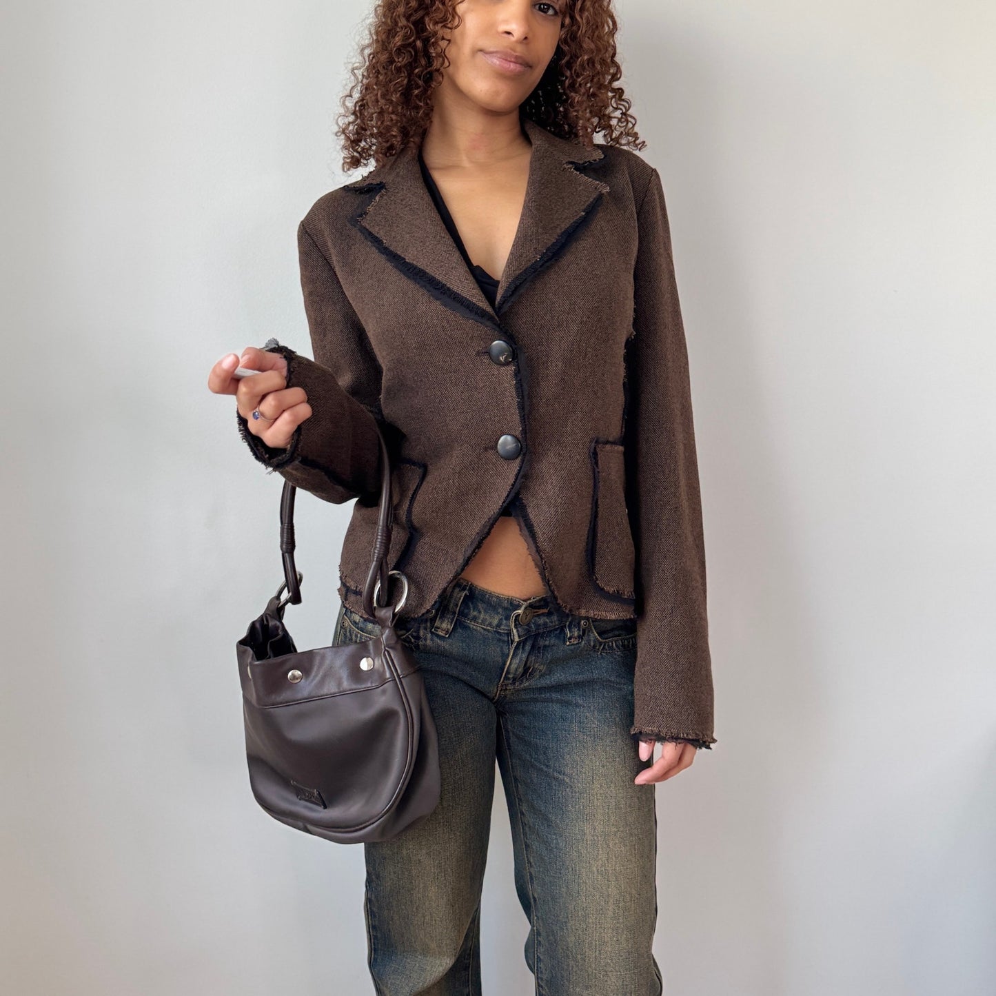 Vintage Italian Brown Tailored Jacket Raw Edge Trim Fitted Blazer (S/M)