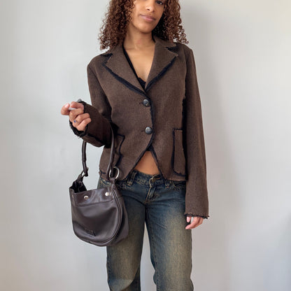 Vintage Italian Brown Tailored Jacket Raw Edge Trim Fitted Blazer (S/M)