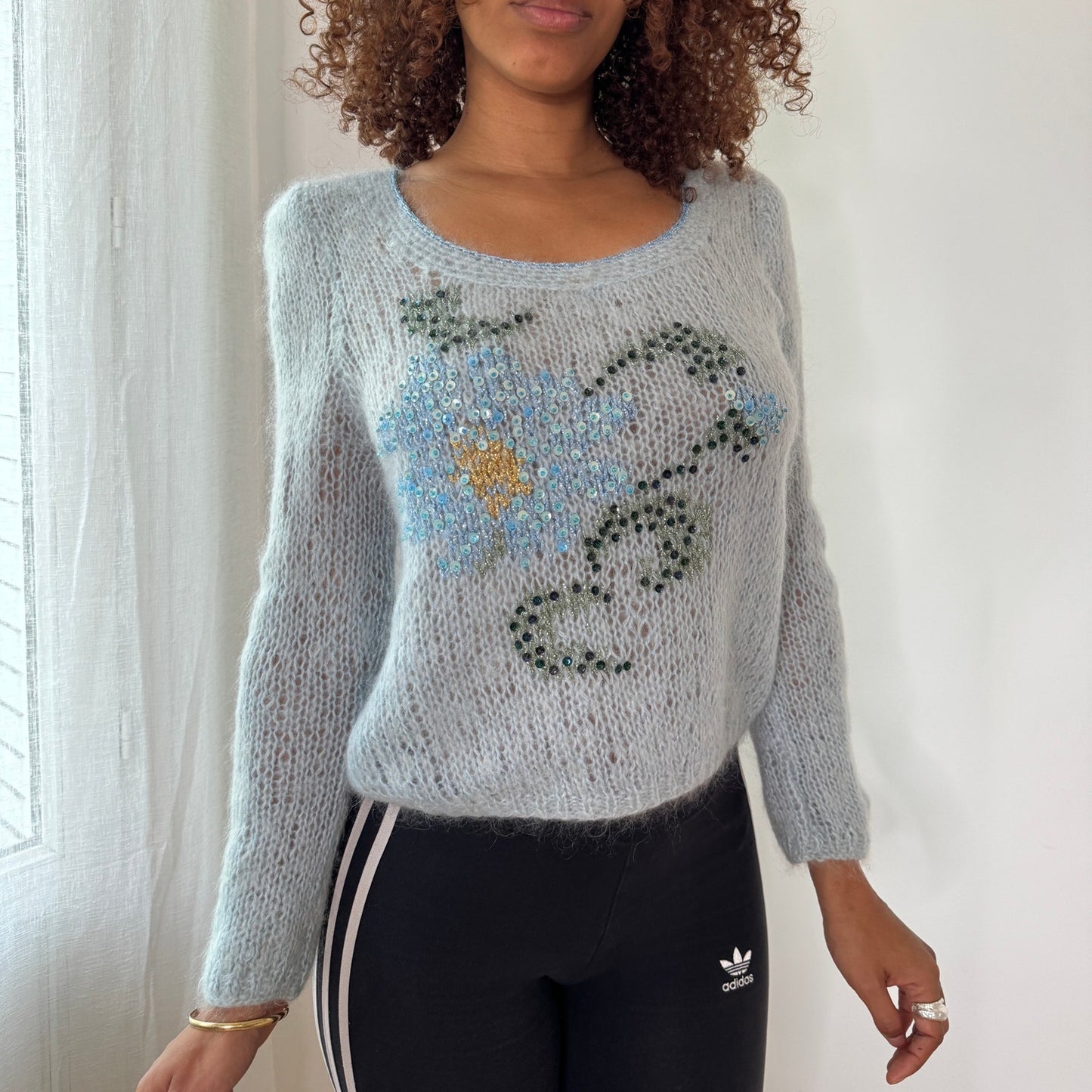 Vintage Baby Blue Mohair Blend Floral Sequin Sweater Italian Y2K Fuzzy Knit Top (S/M)