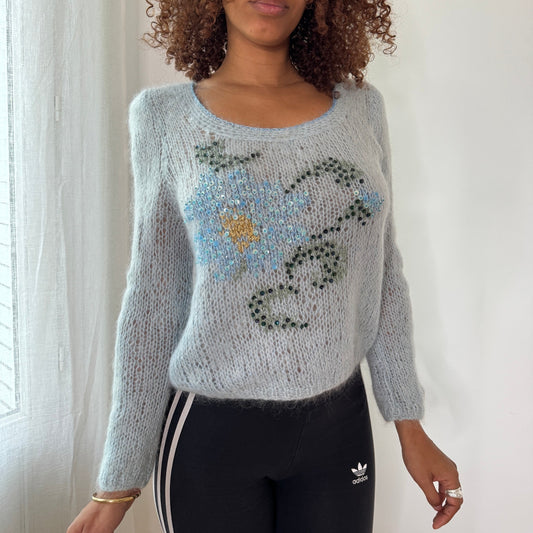 Vintage Baby Blue Mohair Blend Floral Sequin Sweater Italian Y2K Fuzzy Knit Top (S/M)
