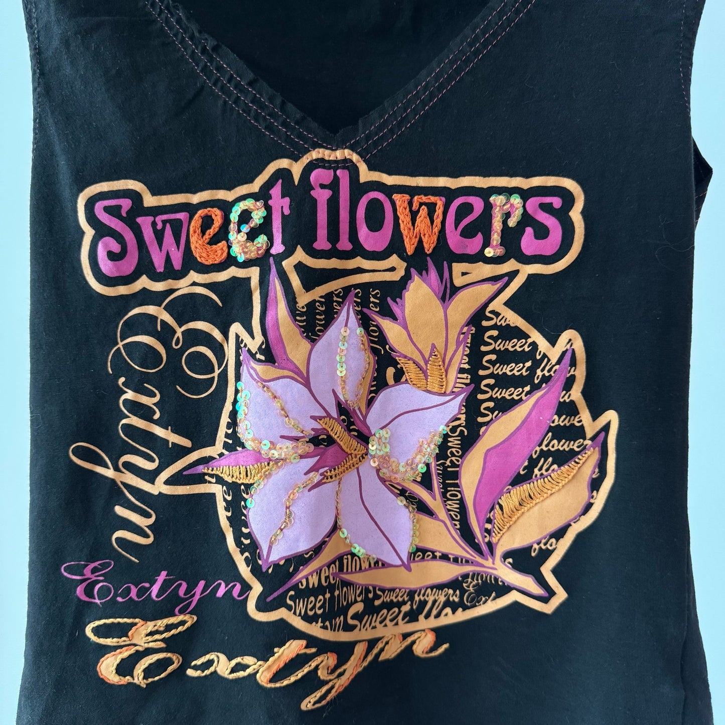 Vintage Black Graphic Sequin Tank Top Floral Deep V Neck Italian Y2K (S/M)