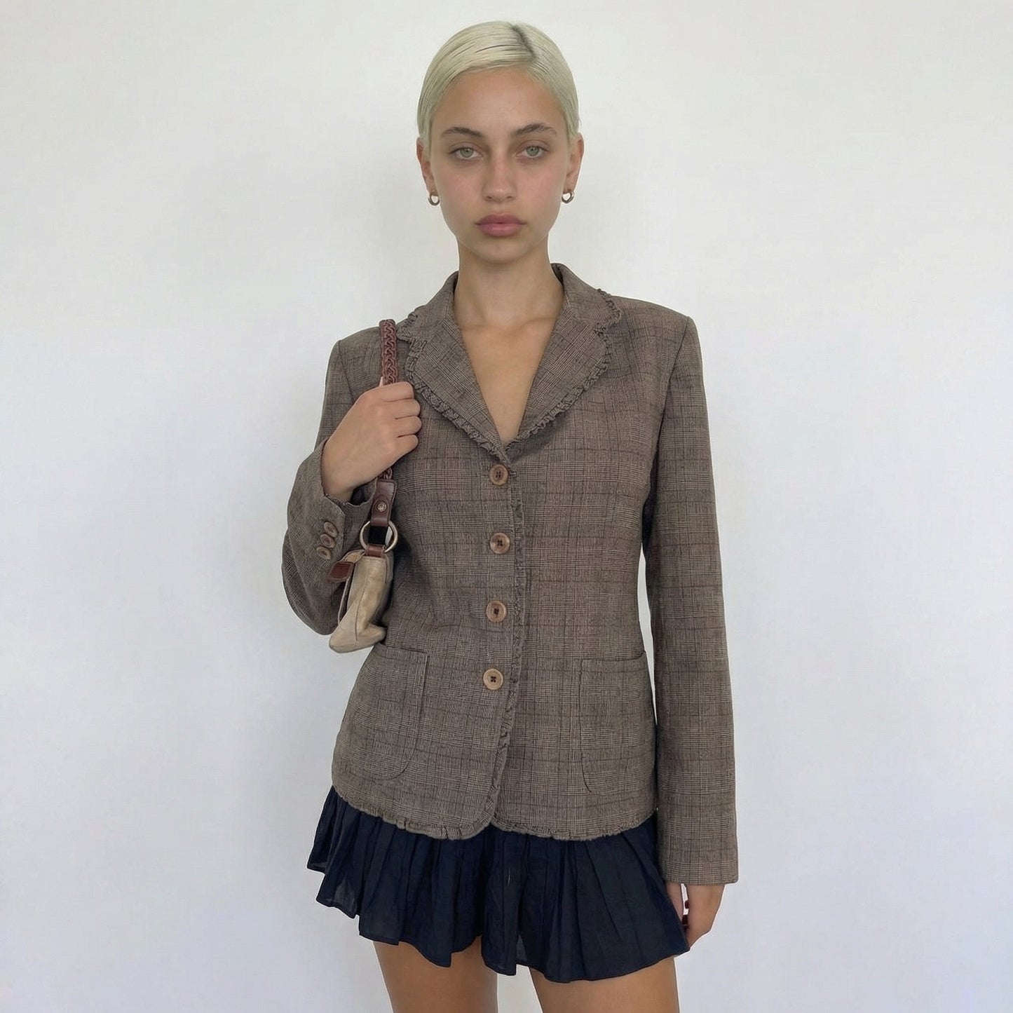 Vintage French Taupe Plaid Button Front Tailored Jacket with Ruffle Trim (S/M)