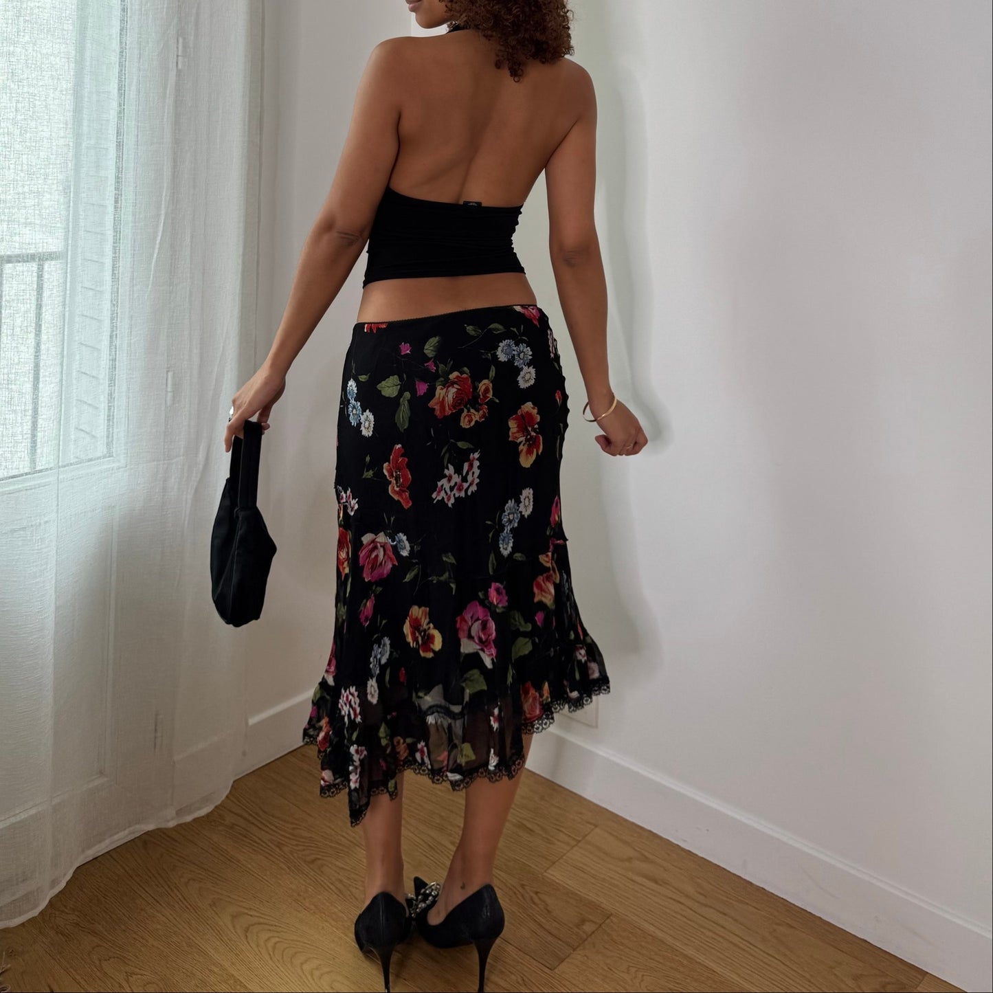 Vintage Black Red Pink Floral Mesh Asymmetrical Midi Skirt Italian Y2K (S)