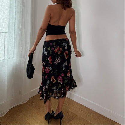 Vintage Black Red Pink Floral Mesh Asymmetrical Midi Skirt Italian Y2K (S)