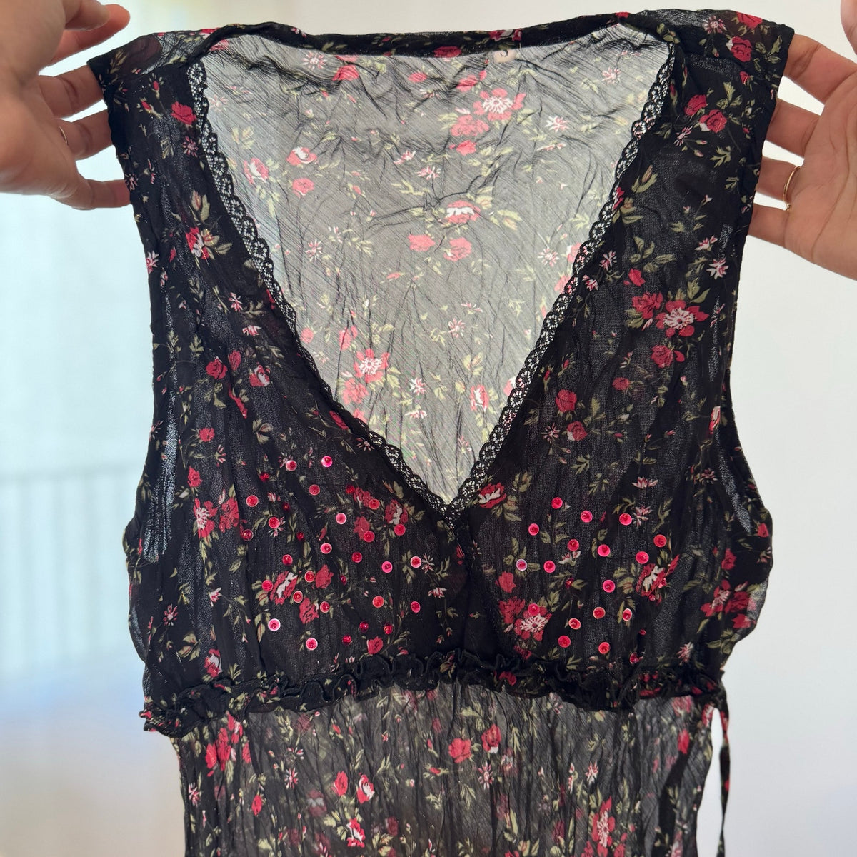 Vintage Black Pink Floral Sheer Mesh Sequin Top (S)