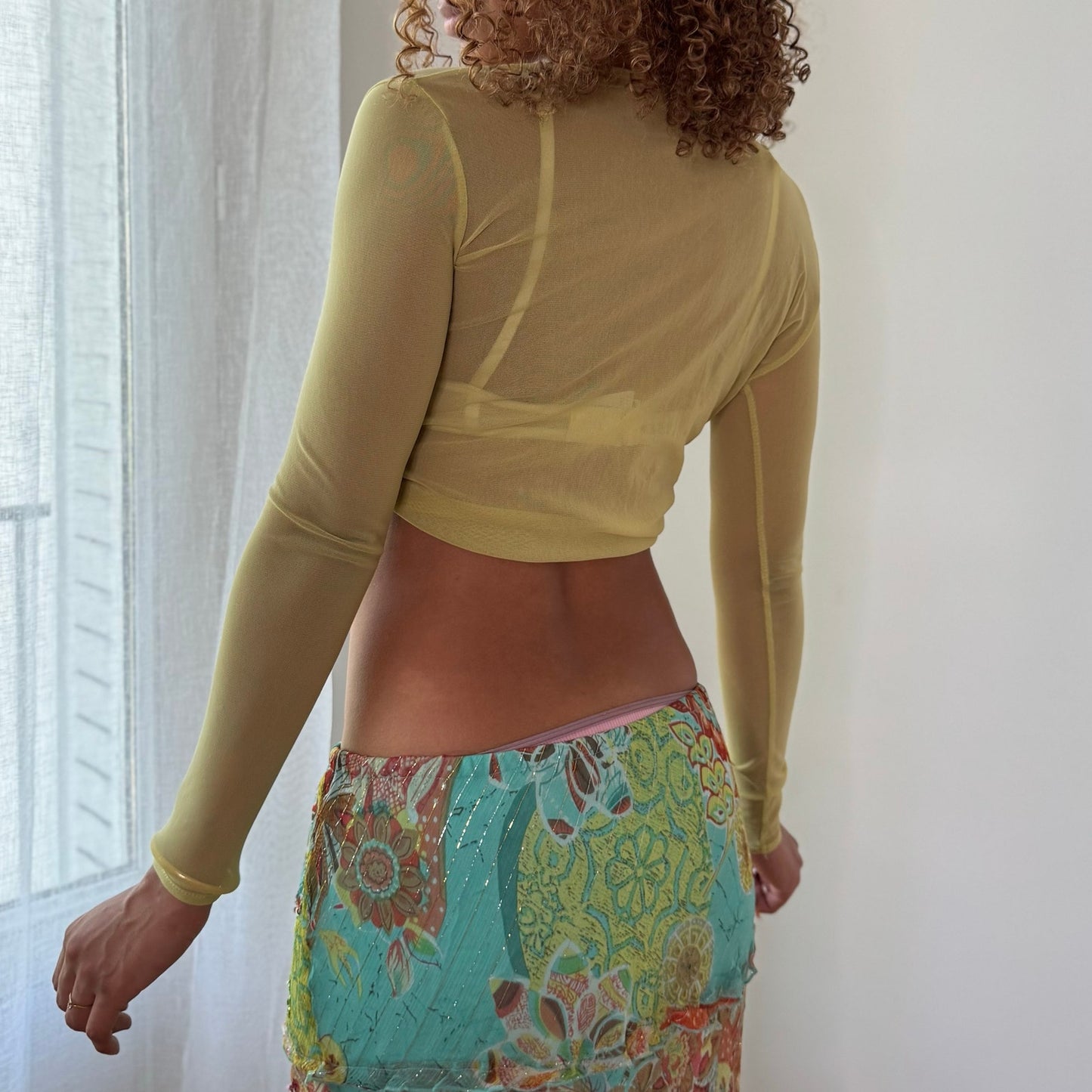 Vintage Yellow / Green Sheer Mesh Tie Front Cardigan Top Y2K (S)