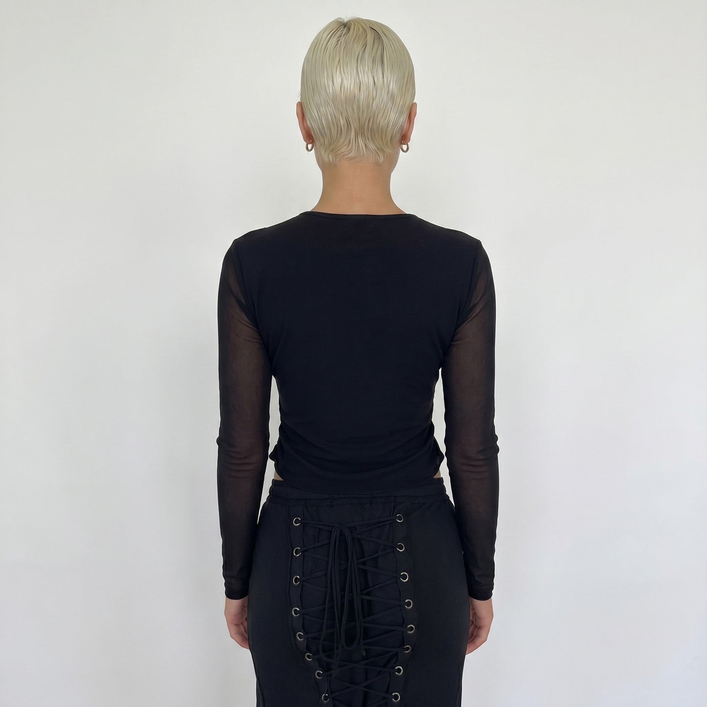 Vintage Euro Lace Mesh Top Rhinestone Sheer Y2K Long Sleeve (S/M)