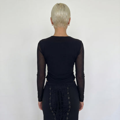 Vintage Euro Lace Mesh Top Rhinestone Sheer Y2K Long Sleeve (S/M)
