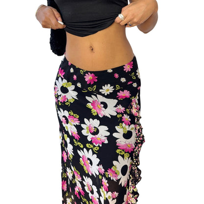 Vintage Italian Black Daisy Floral Mesh Midi Skirt Asymmetrical Ruffle Trim (S)