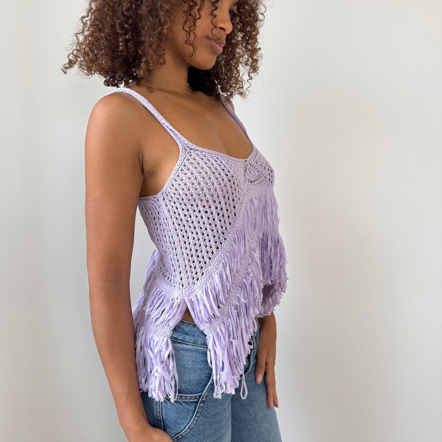 Vintage Italian lavender fringe knit cami (S/M)