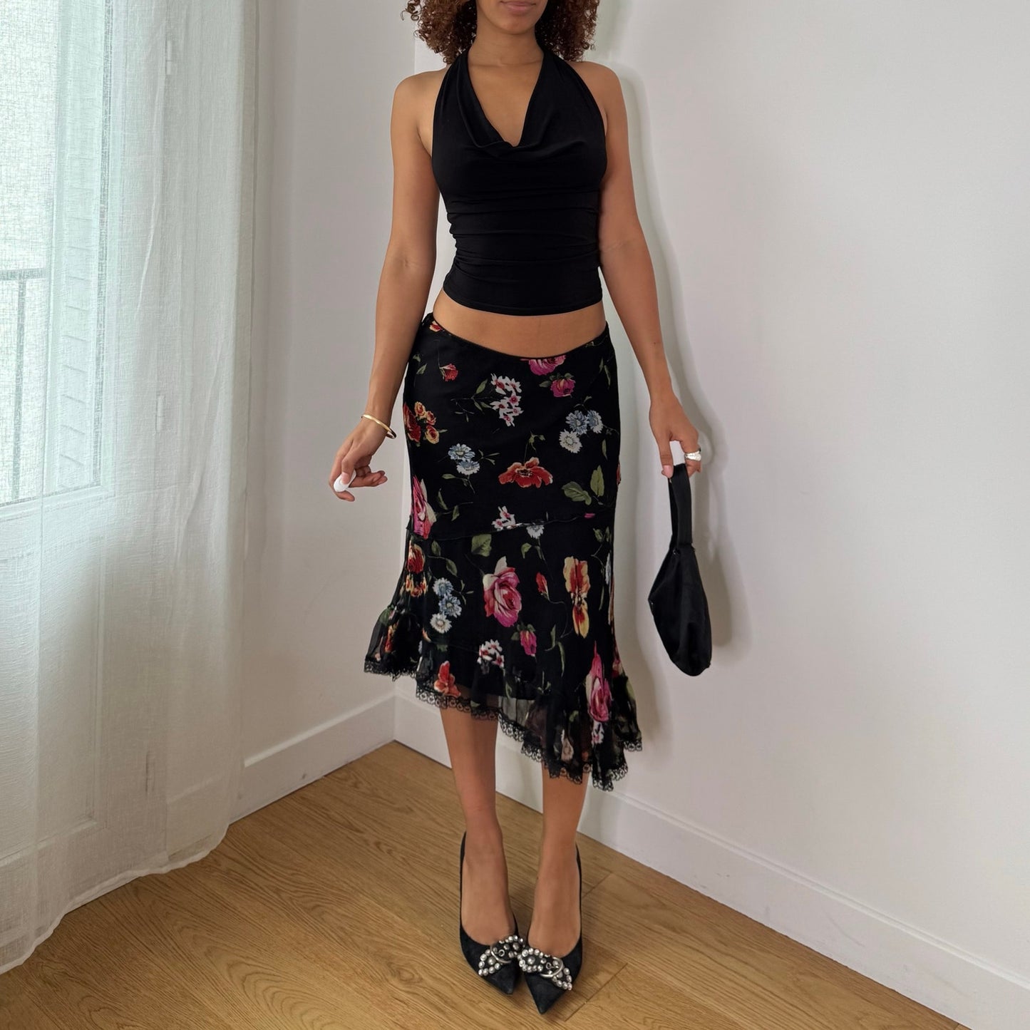 Vintage Black Red Pink Floral Mesh Asymmetrical Midi Skirt Italian Y2K (S)