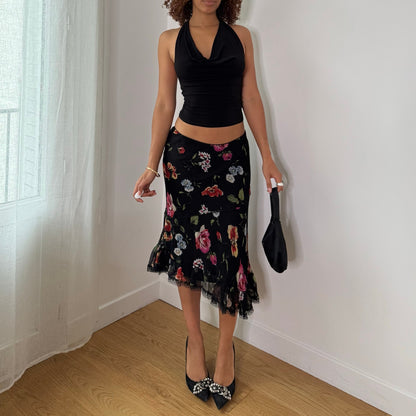 Vintage Black Red Pink Floral Mesh Asymmetrical Midi Skirt Italian Y2K (S)