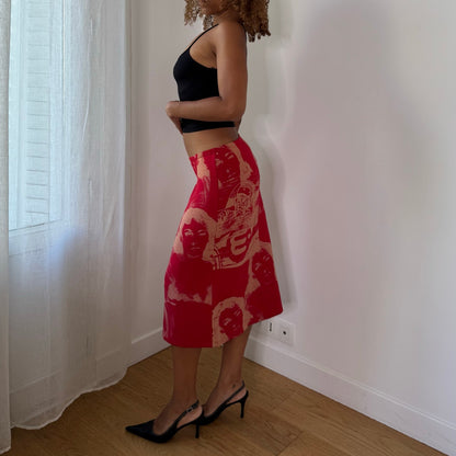E-Play Italian Vintage Red Beige Portrait Face Print Midi Skirt