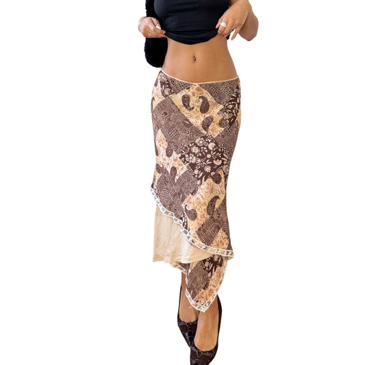 Vintage Italian Brown Paisley Patchwork Mesh Midi Skirt Asymmetrical Lace Trim (S)