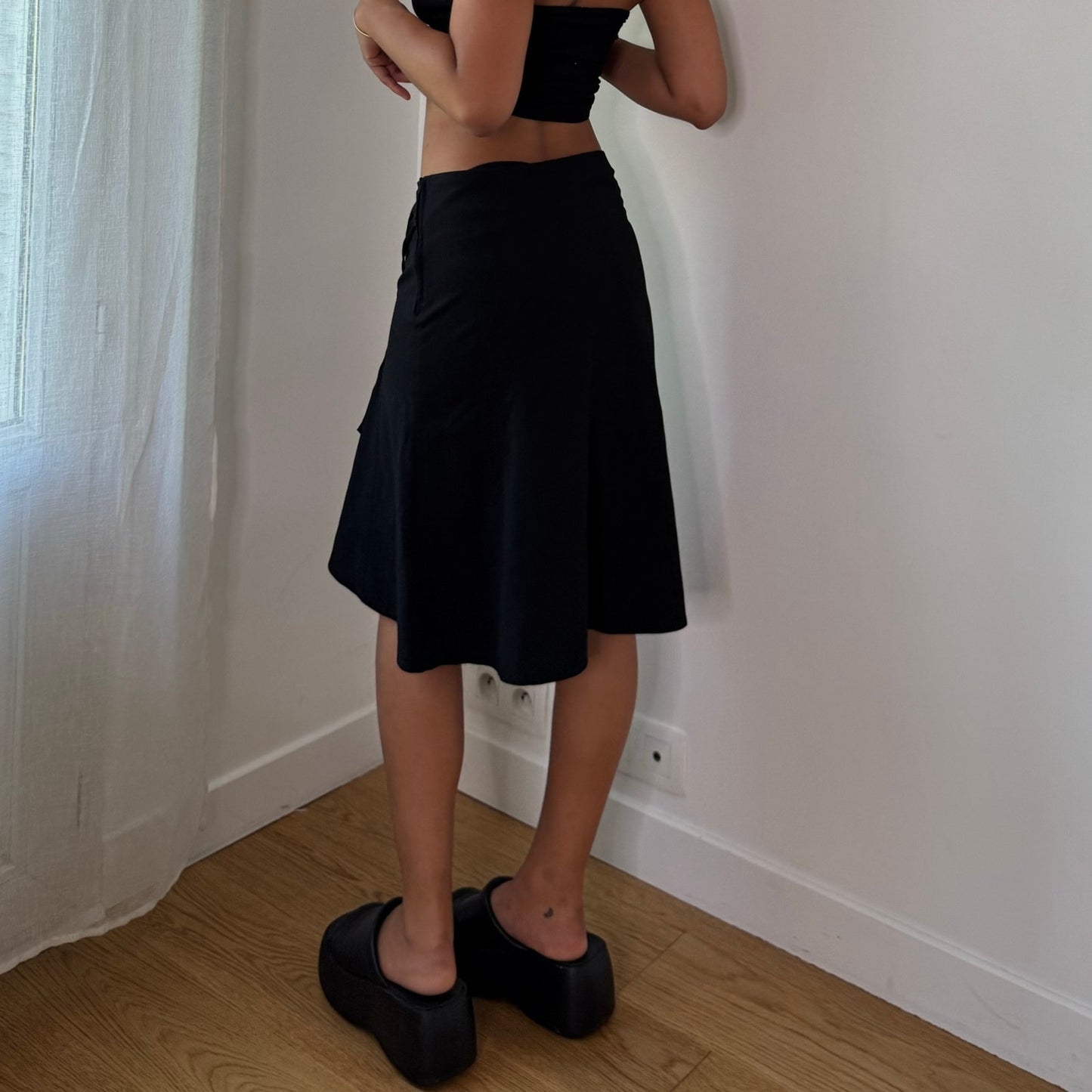 Vintage Black Midi Skirt Satin Ribbon Detail Asymmetrical Hem Y2K (S)