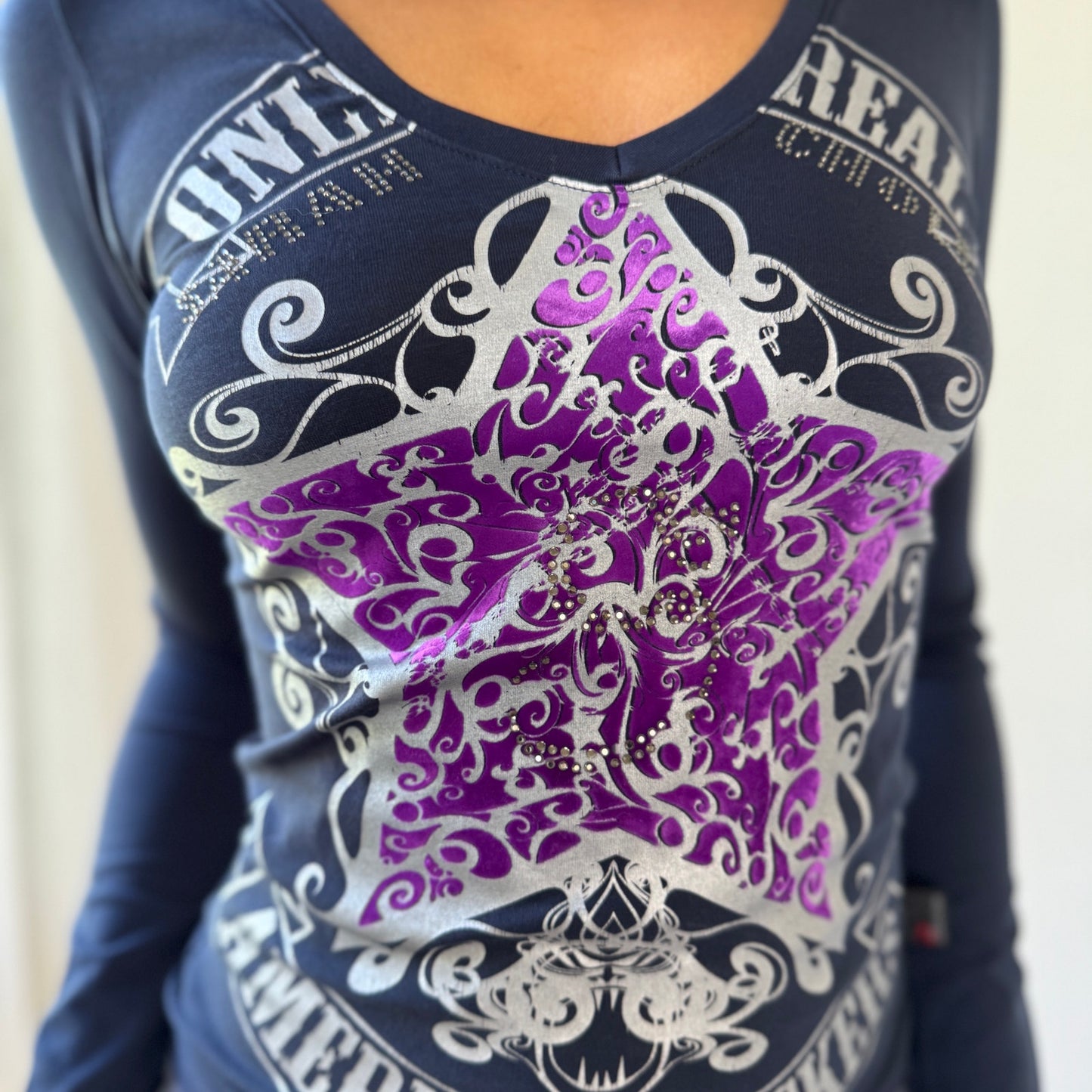 Vintage Italian Rhinestone Graphic Top Y2K Rocker Slinky Tee (S)