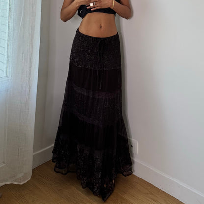 Vintage Dark Brown Lace Tiered Maxi Skirt Italian Boho Y2K (S/M)