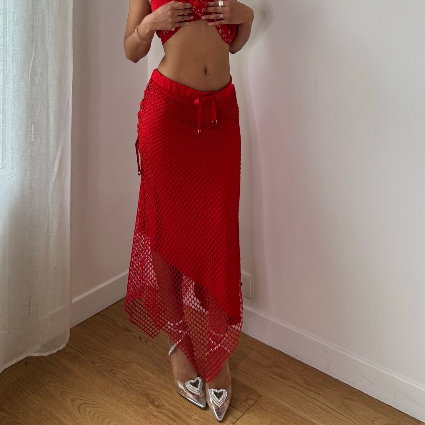 Vintage Red Fishnet Maxi Skirt Slinky Layered Y2K (S)