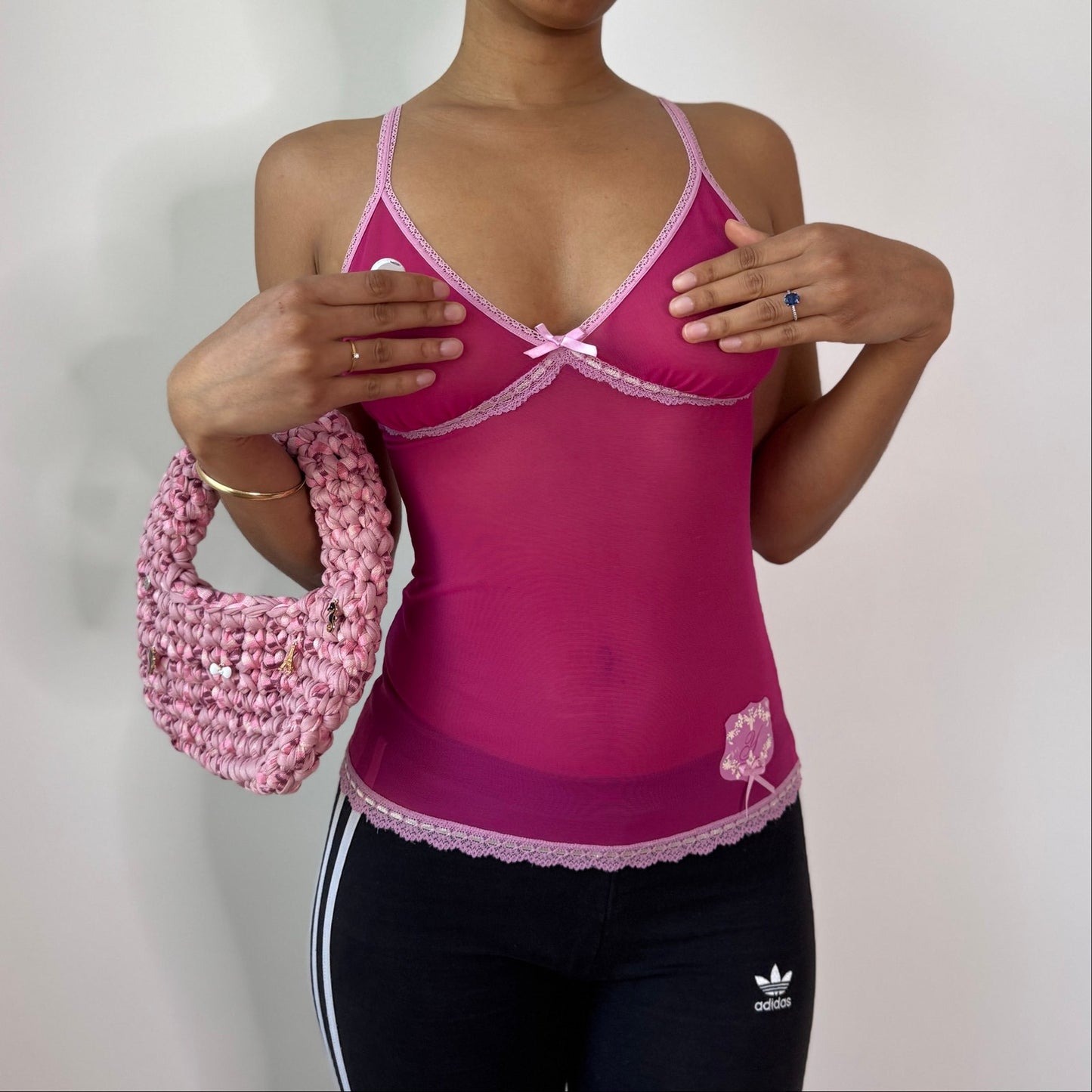 Vintage Pink Sheer Mesh Cami Top Lace Trim Y2K Lingerie Style Top (S) ⠀