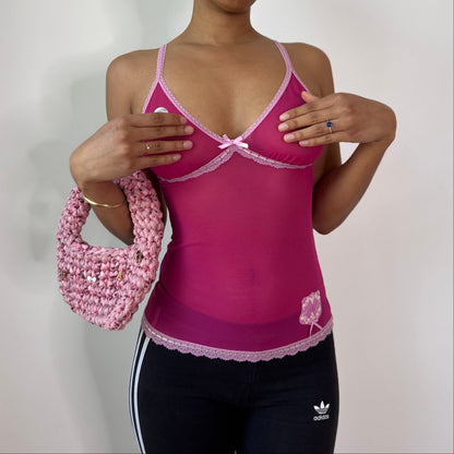 Vintage Hot Pink Sheer Mesh Cami Top Lace Trim Lingerie Y2K (S)