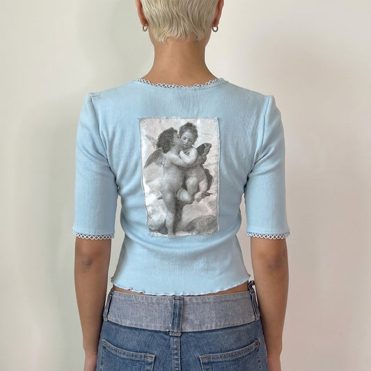 Zone Bleue Baby Blue Zip Crop Top Angel Graphic (S/M)