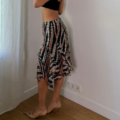 Vintage Italian Black & Orange Abstract Mesh Midi Skirt (S)