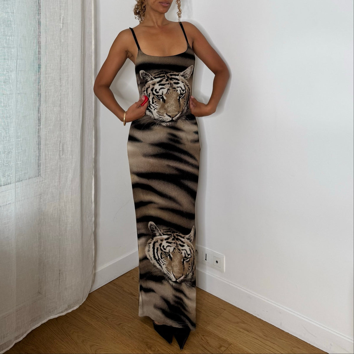 Italian Vintage Brown Black Tiger Print Mesh Double Lined Bodycon Maxi Dress