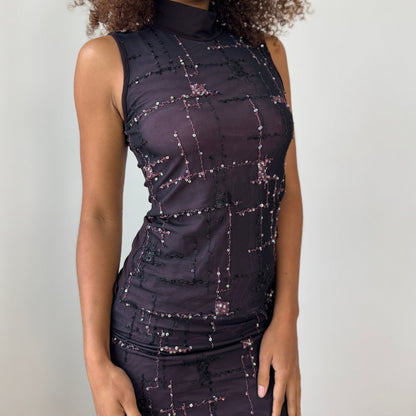 Vintage Italian black sequin embroidered mesh sleeveless top (Small)