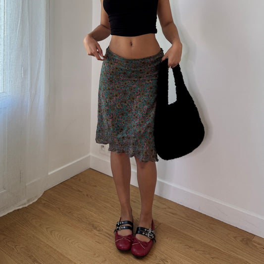 Vintage Y2K Green Floral Mesh Midi Skirt Made in Italy (S) ⠀