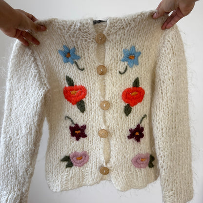 Vintage Cream Mohair Blend Floral Embroidered Chunky Knit Cardigan Made in Italy (S)