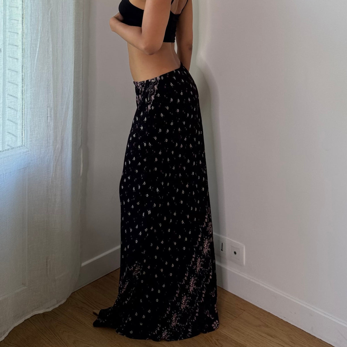 Vintage Black Pink Paisley Sheer Mesh Maxi Skirt (S)