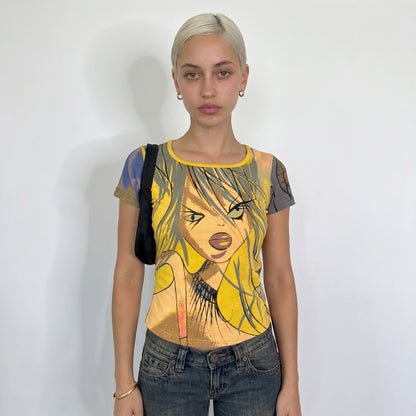Vintage Custo Barcelona Yellow Graphic Girl Cotton Baby Tee Y2K (S)