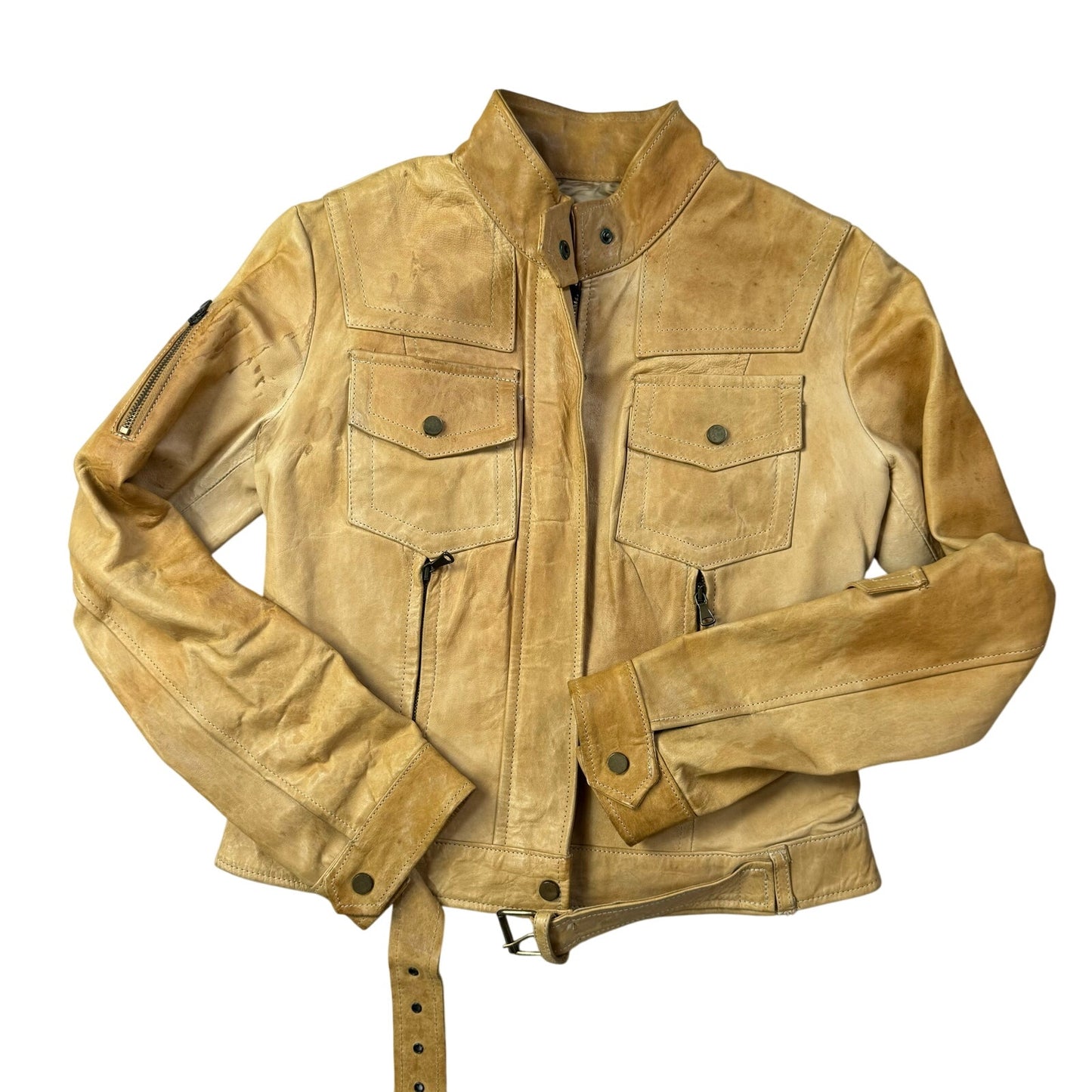 Vintage 90s Belted Fitted Camel Tan Leather Moto Jacket (S)