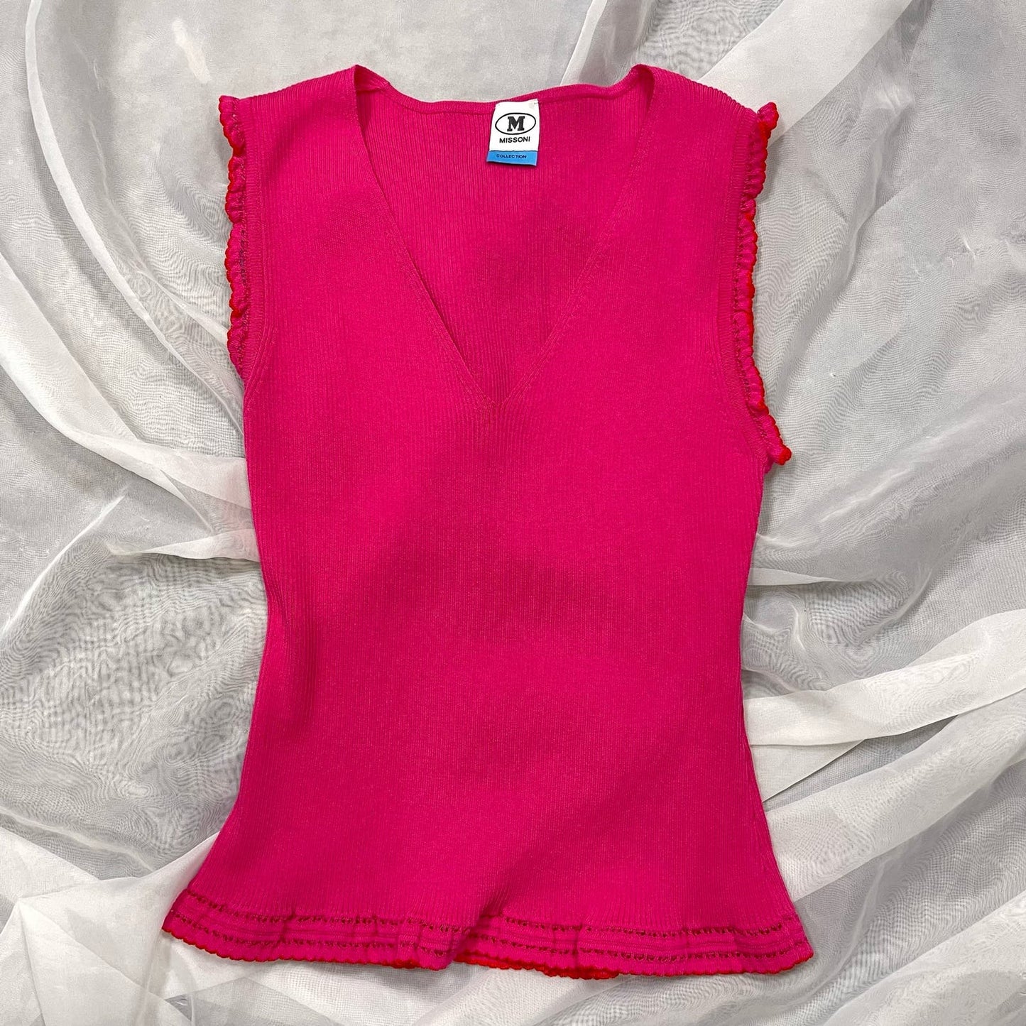 Vintage 00s Missoni Hot Pink Knit V neck tank with ruffle details (S)