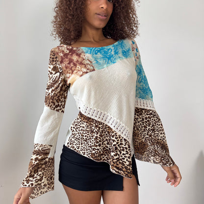 Vintage Patchwork Mixed-Print Asymmetric Long Sleeve Top with Lace Trim (M)