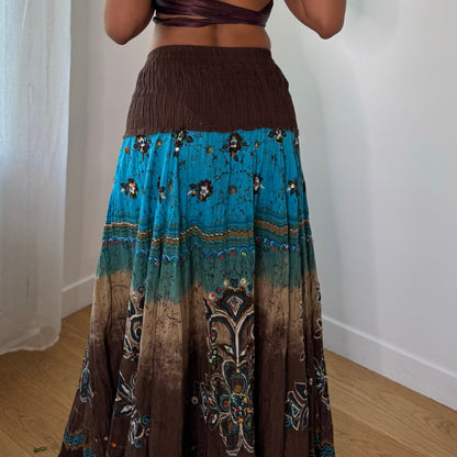 Vintage Brown Blue Sequin Boho Maxi Skirt Euro Y2K (XS/S)