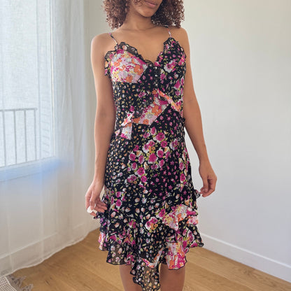 Vintage Italian Patchwork Floral Mesh Dress with Ruffle Hem (M)