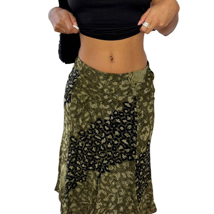Vintage Italian Green Floral Mesh Midi Skirt Abstract/Cheetah Print (XS/S)