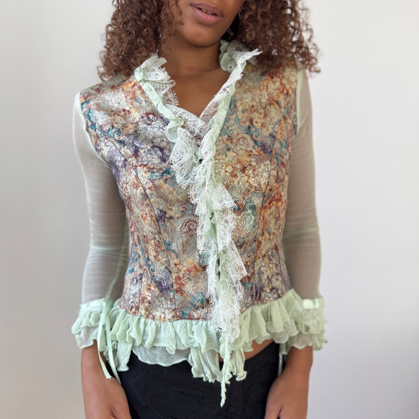 Vintage French designer mint mesh & brocade ruffle blouse (S/M)