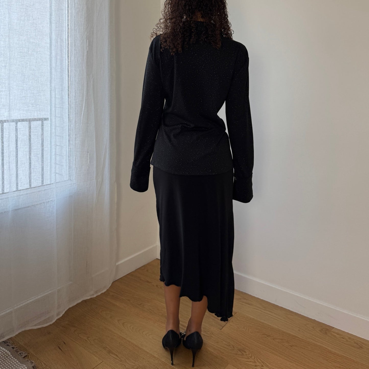 Vintage euro Y2K black slinky mesh shimmer button up top (M)