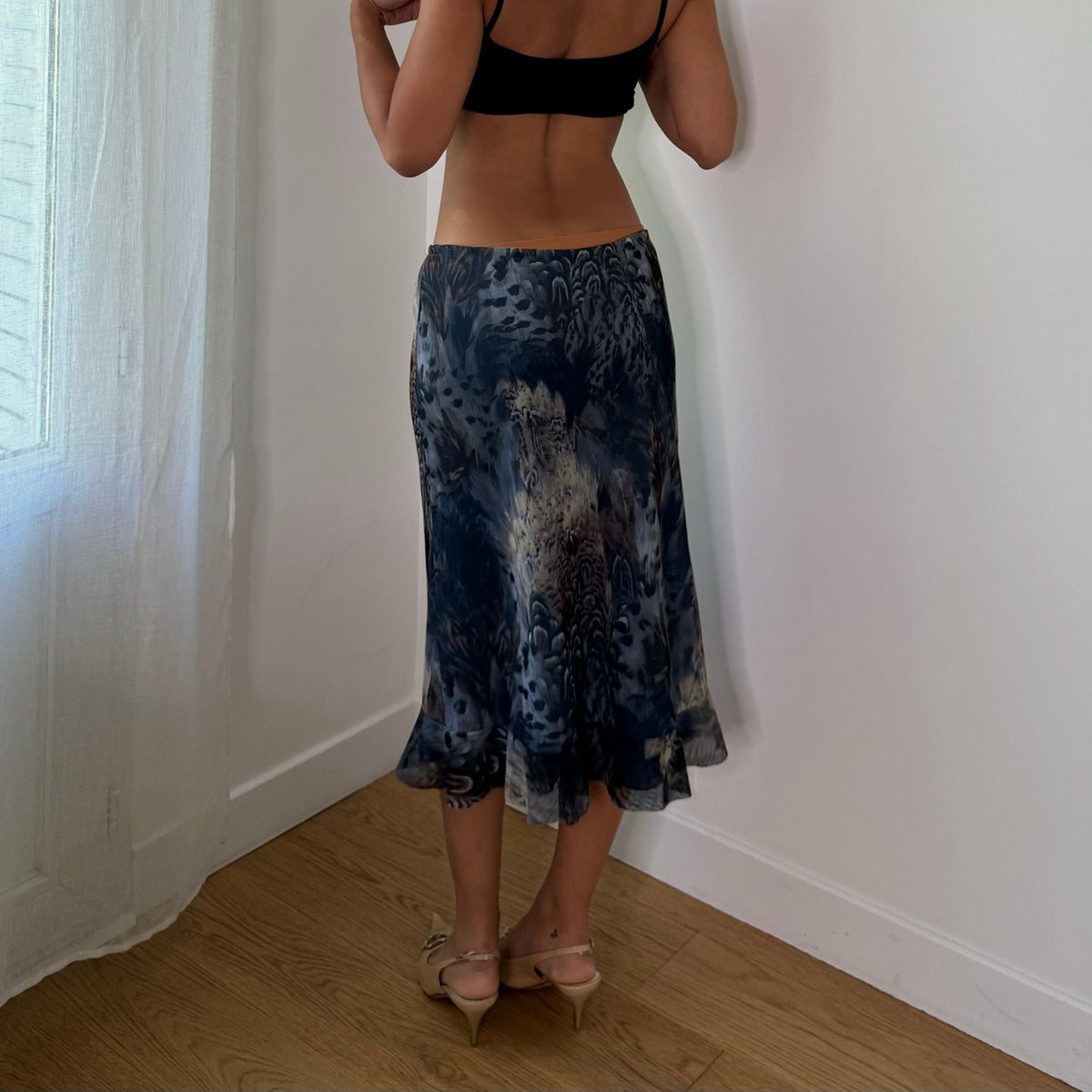 Vintage Blue Grey Abstract Mesh Midi Skirt (S)