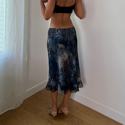 Vintage Blue Grey Abstract Mesh Midi Skirt (S)