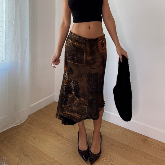 Vintage Y2K Brown Abstract Mesh Midi Skirt with Asymmetrical Hem (S) ⠀