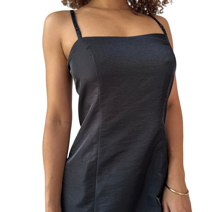 Vintage Black Slip Mini Dress Satin Feel Adjustable Straps Open Back Y2K Made in Italy (XS/S) ⠀