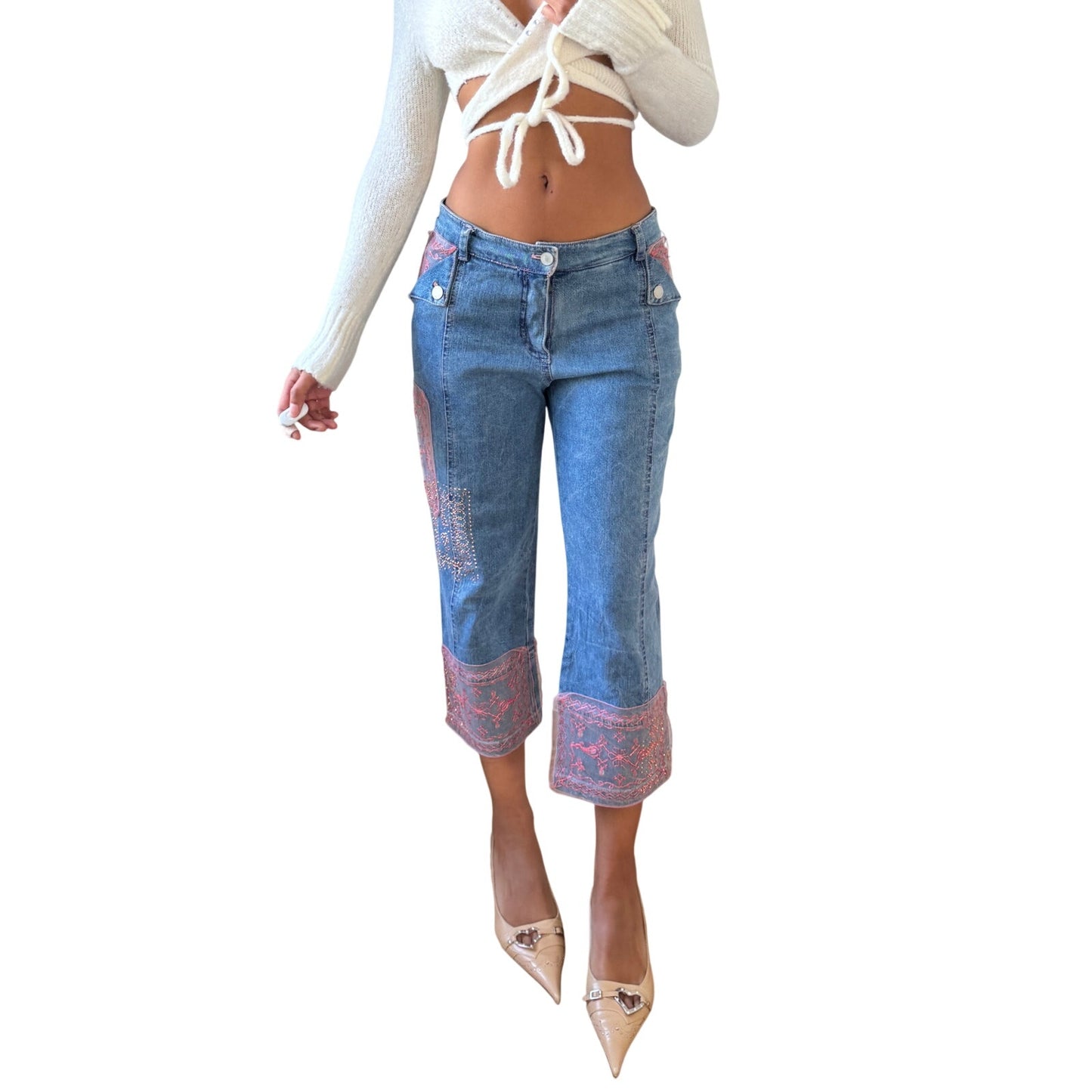Vintage Italian Designer Embroidered Denim Cropped Pants Beaded Detail (S)