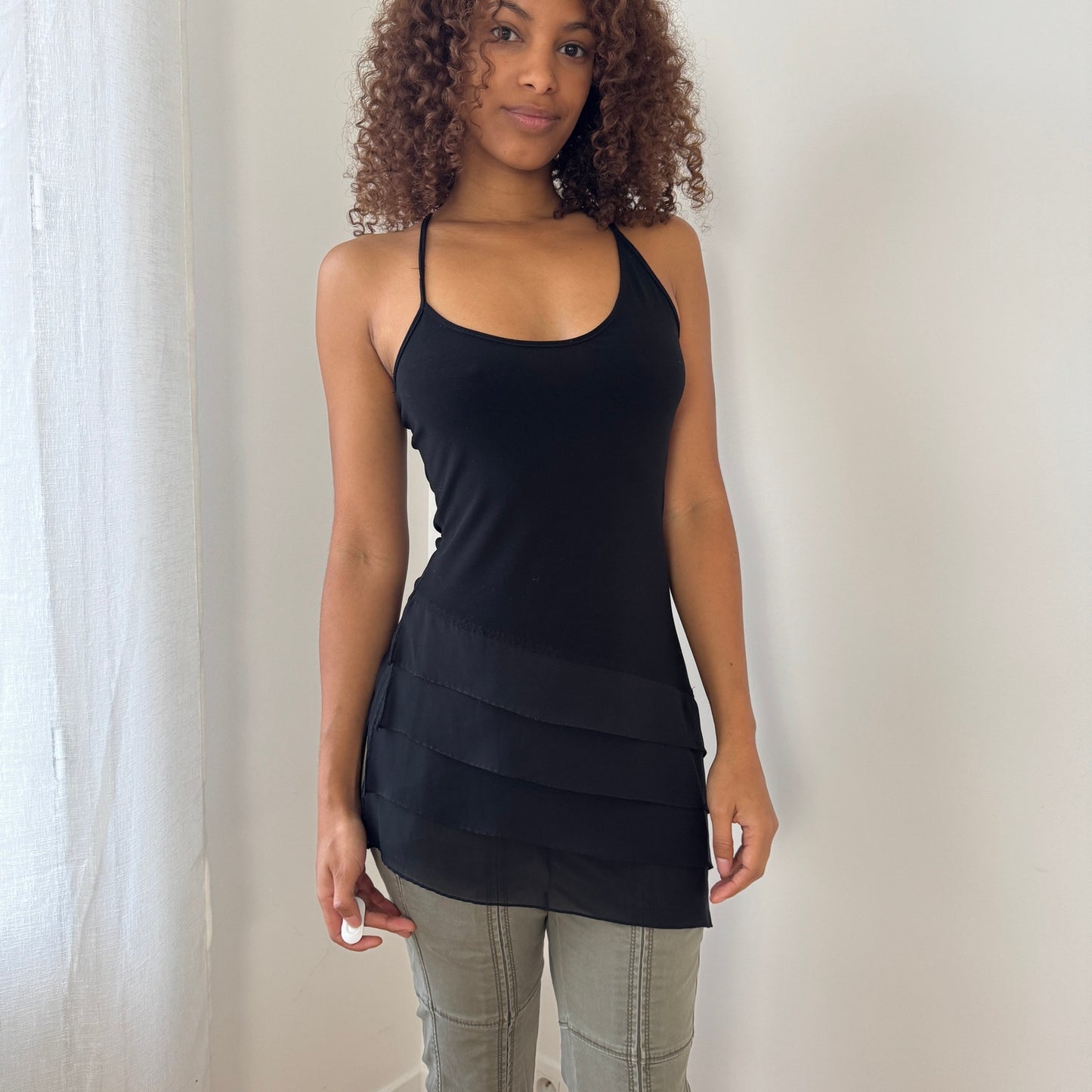 Vintage asymmetrical black slinky tank top (S)