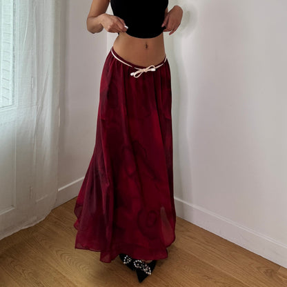 Vintage Burgundy Mesh Maxi Skirt Sheer Layer Y2K Italian Skirt (S) ⠀