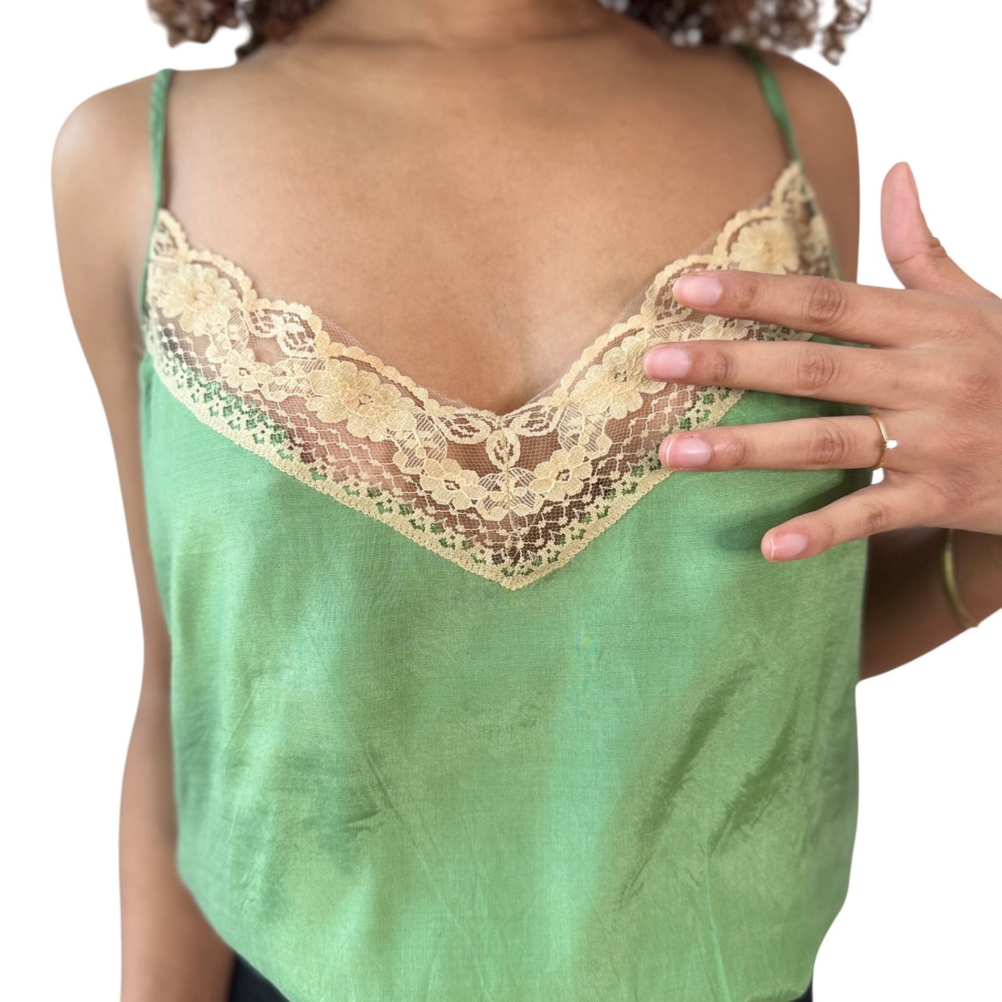 Vintage Italian Green Lace Trim Camisole Top 100% Viscose (S)