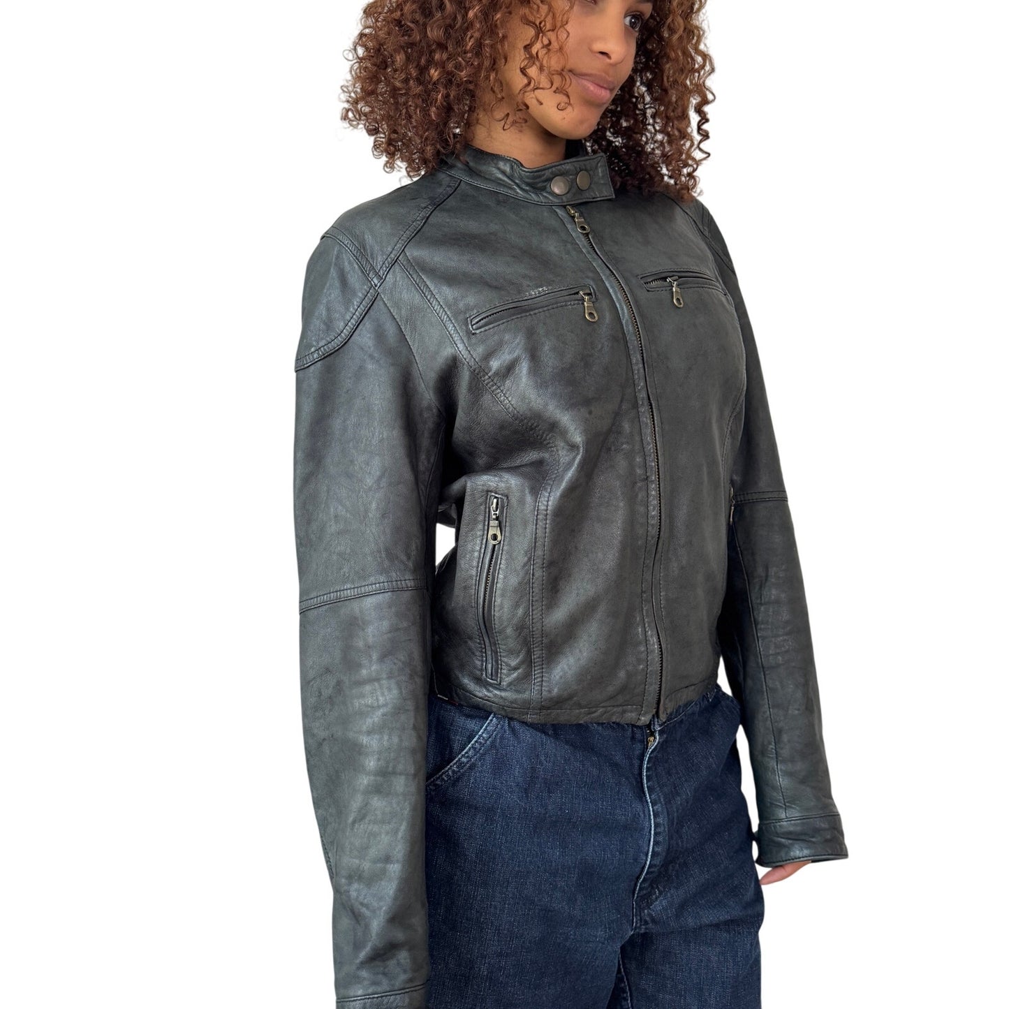 Vintage Grey Leather Moto Jacket (S/M)