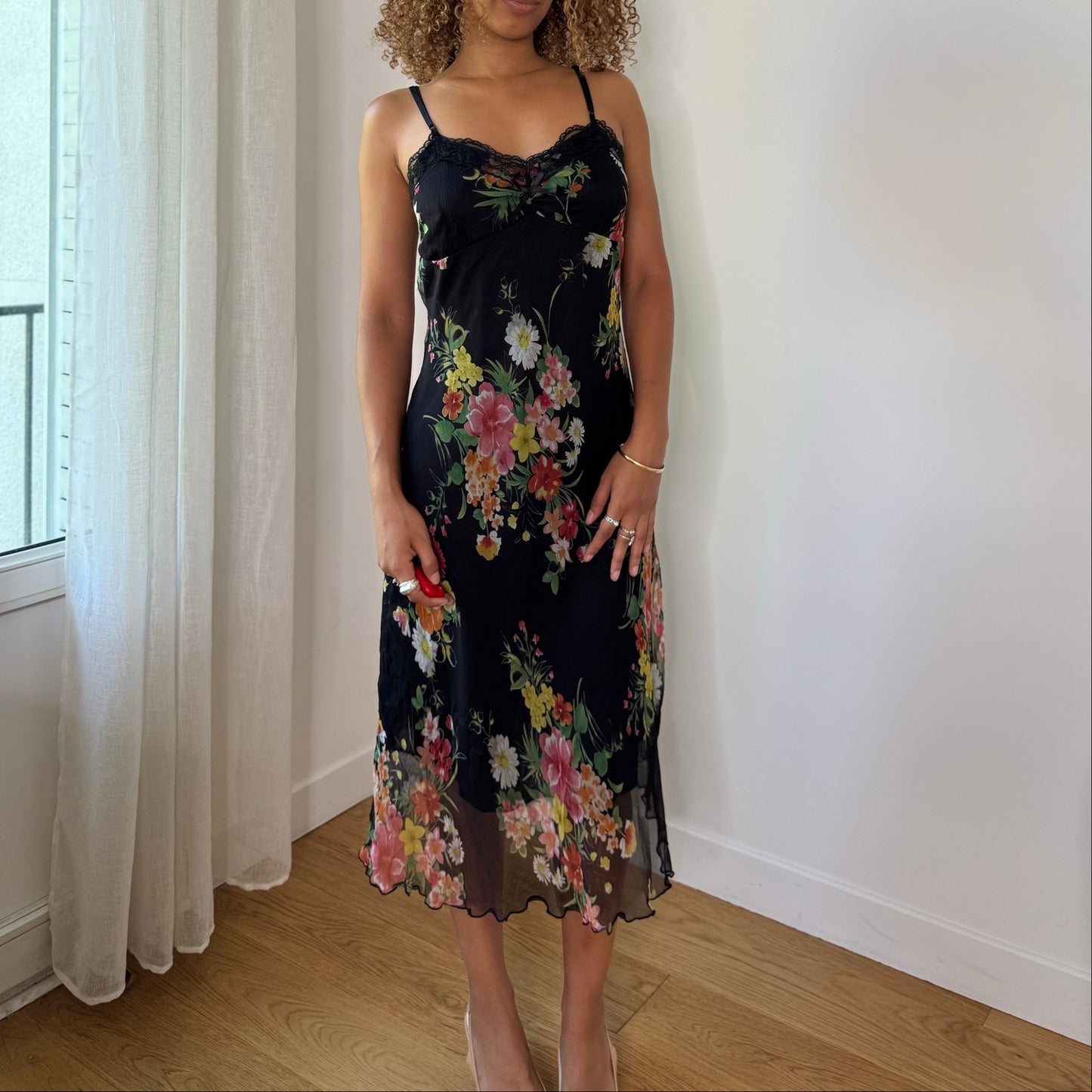 Vintage Black Pink Green Floral Silk Mesh Midi Dress Italian Y2K (S/M)